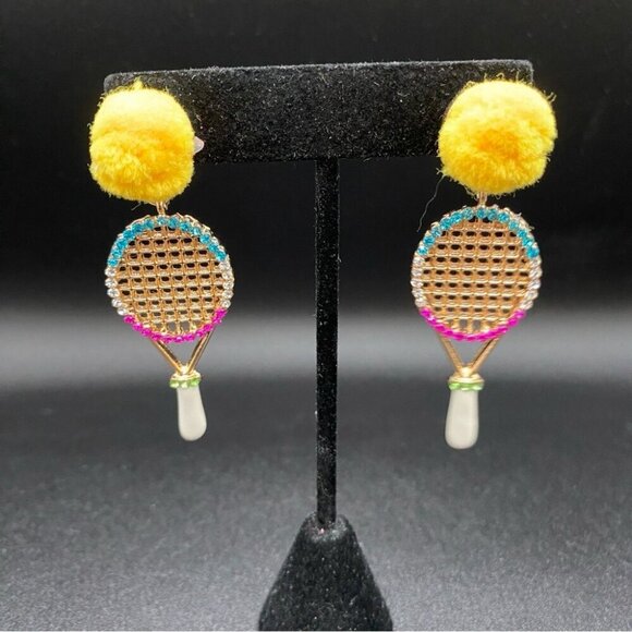Cute Tennis Racket Statement Earrings with PomPom and Rhinestones - Picture 6 of 8
